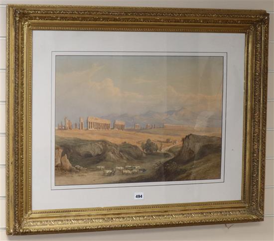 19th century English School, watercolour, Iberian oxon travelling in a landscape with classical ruins, 41 x 56cm